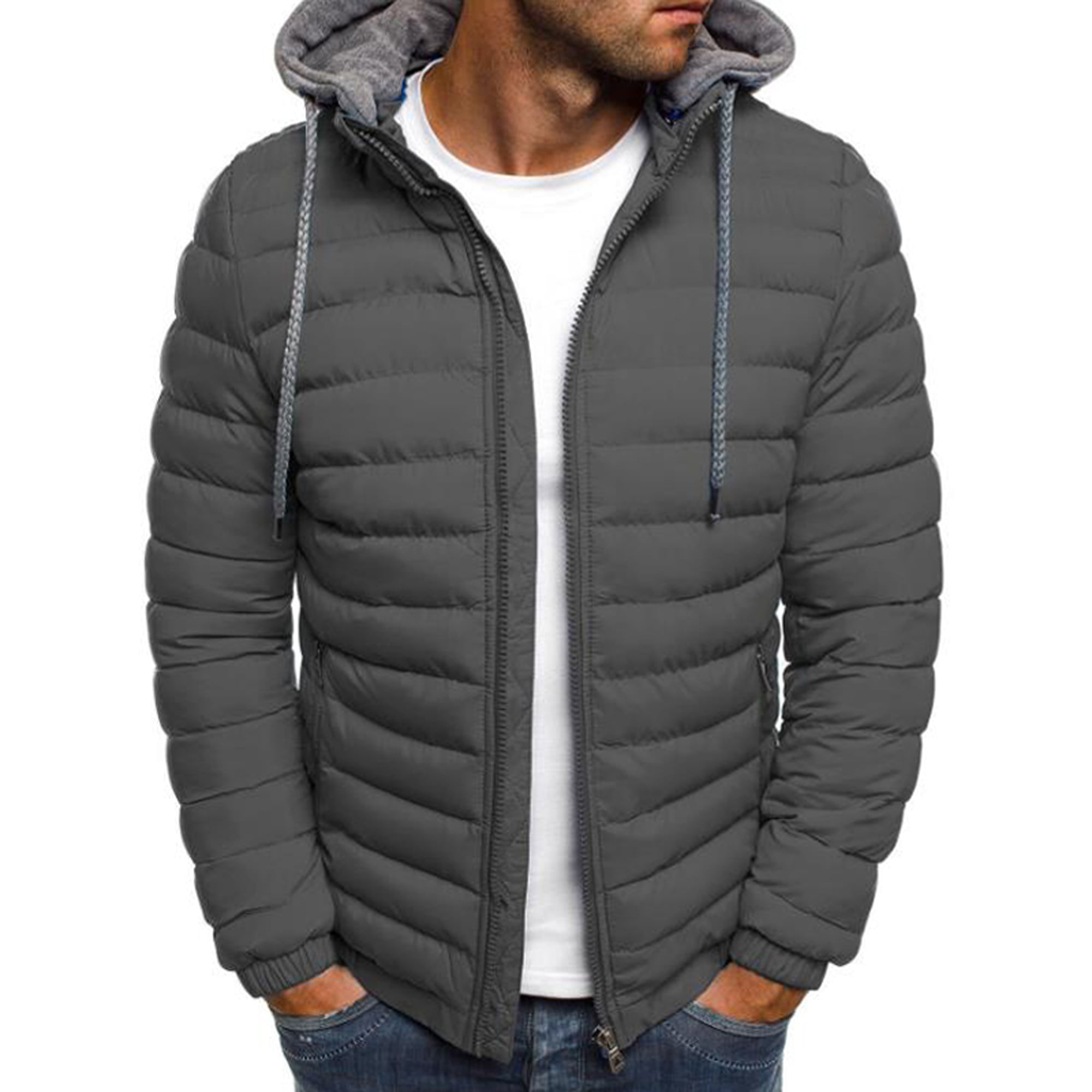 Men Padded Quilted Coat Winter Fleece Lined Hooded Hoodies Warm Jacket Overcoat